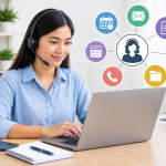 Administrative Tasks of a Virtual Assistant, featuring a professional virtual assistant managing emails, schedules, documents, spreadsheets, and phone calls while working on a laptop in a modern home office.