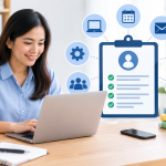 Virtual Assistant Job Description featuring a professional woman working on a laptop beside a checklist representing job responsibilities, required skills, scheduling, communication, and administrative tasks.